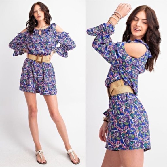 easel | Romper in the Heather Floral Print Cold Shoulder Navy Ruffle New Small - Picture 1 of 14